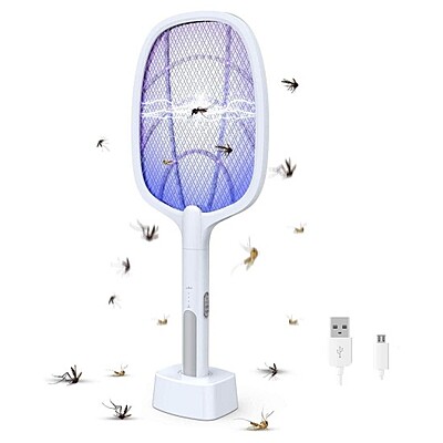2 in 1 Mosquito Bat Killer Racket Mosquito Racket Swatter UV Light Pack of 1 (Colour: White)