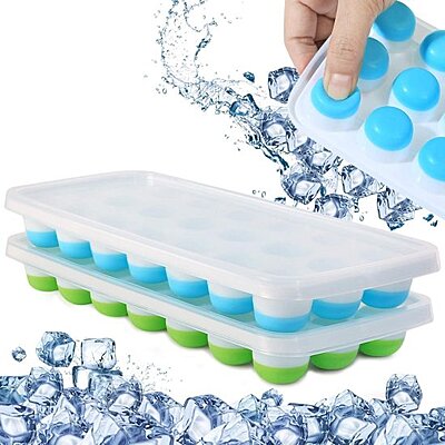 21 Cavity Round Ice Tray Set Pop Up Ice Cube Trays for Freezer with Lid Pack of 2