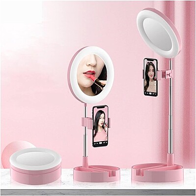 LED Desktop Makeup Mirror Selfie Light Ring Lamp Pack of 1 (Colour: Pink)